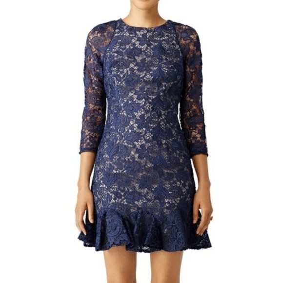 ML Monique Lhuillier Lace Long Sleeve Ruffled Mini Cocktail Sheath Dress Size 2 - Picture 3 of 10